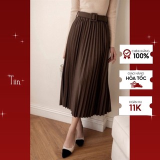 Chân váy midi xếp ly đỉa cạp kèm belt khuyên tiinstore g21223