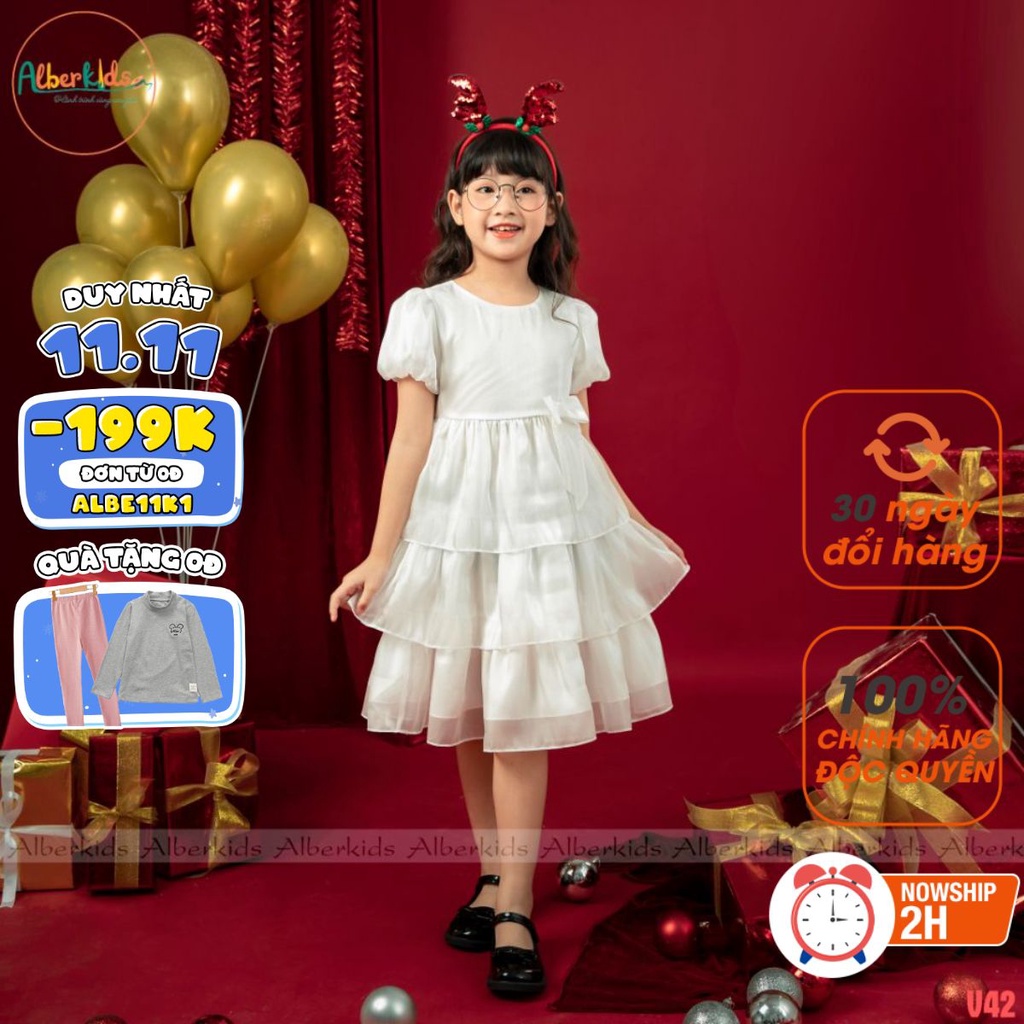 Váy bé gái ALBERKIDS công chúa TRẮNG 3 tầng điệu đà xinh xắn cho trẻ em 2,3,4,5,6,7,8,9,10 tuổi[V42]