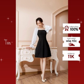 Tiin store váy chữ a phối phối voan cổ vuông tay chun by tiin