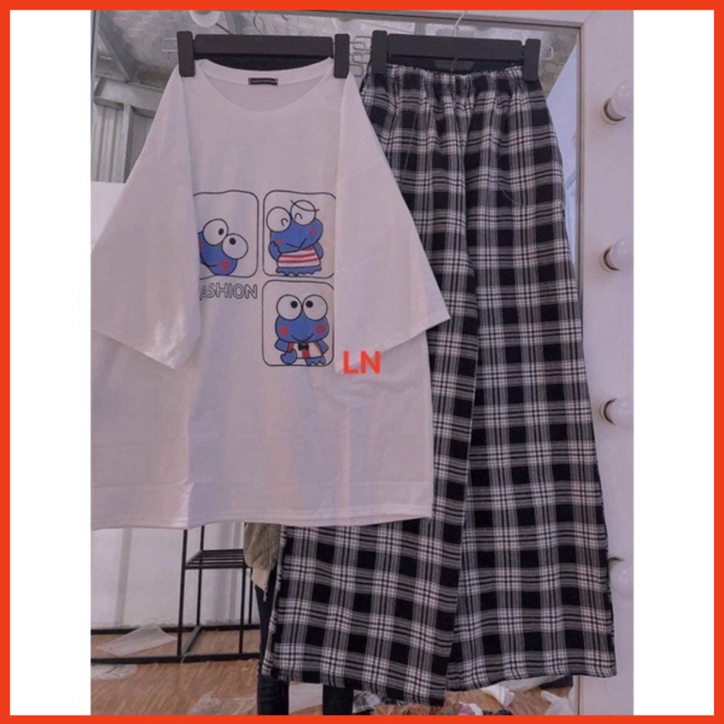 monmhp Sét áo phông 3 ô vuông ếch Fashion + quần kẻ ô TH6