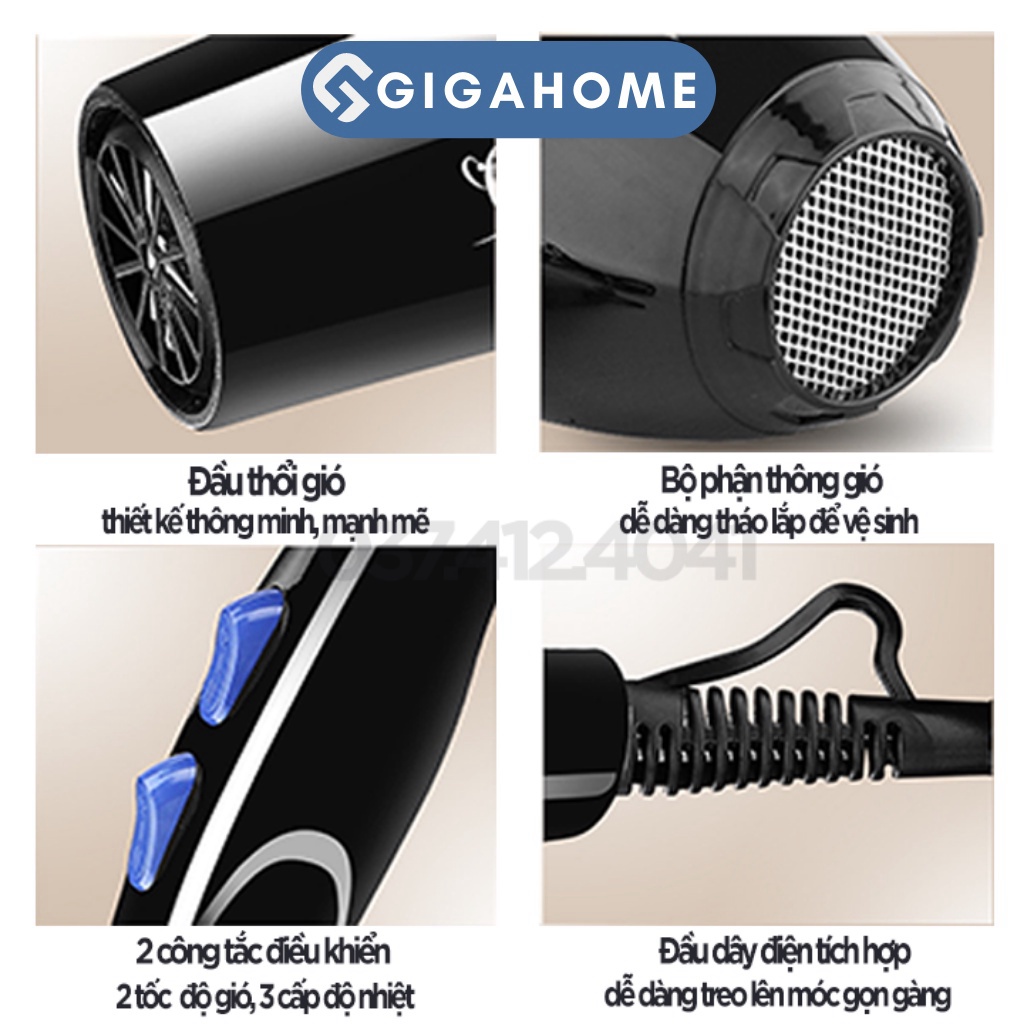 Máy Sấy Tóc Tạo Kiểu Nóng Lạnh 2 Chiều Công Suất Lớn Tặng Kèm 5 Phụ Kiện GIGAHOME 9356