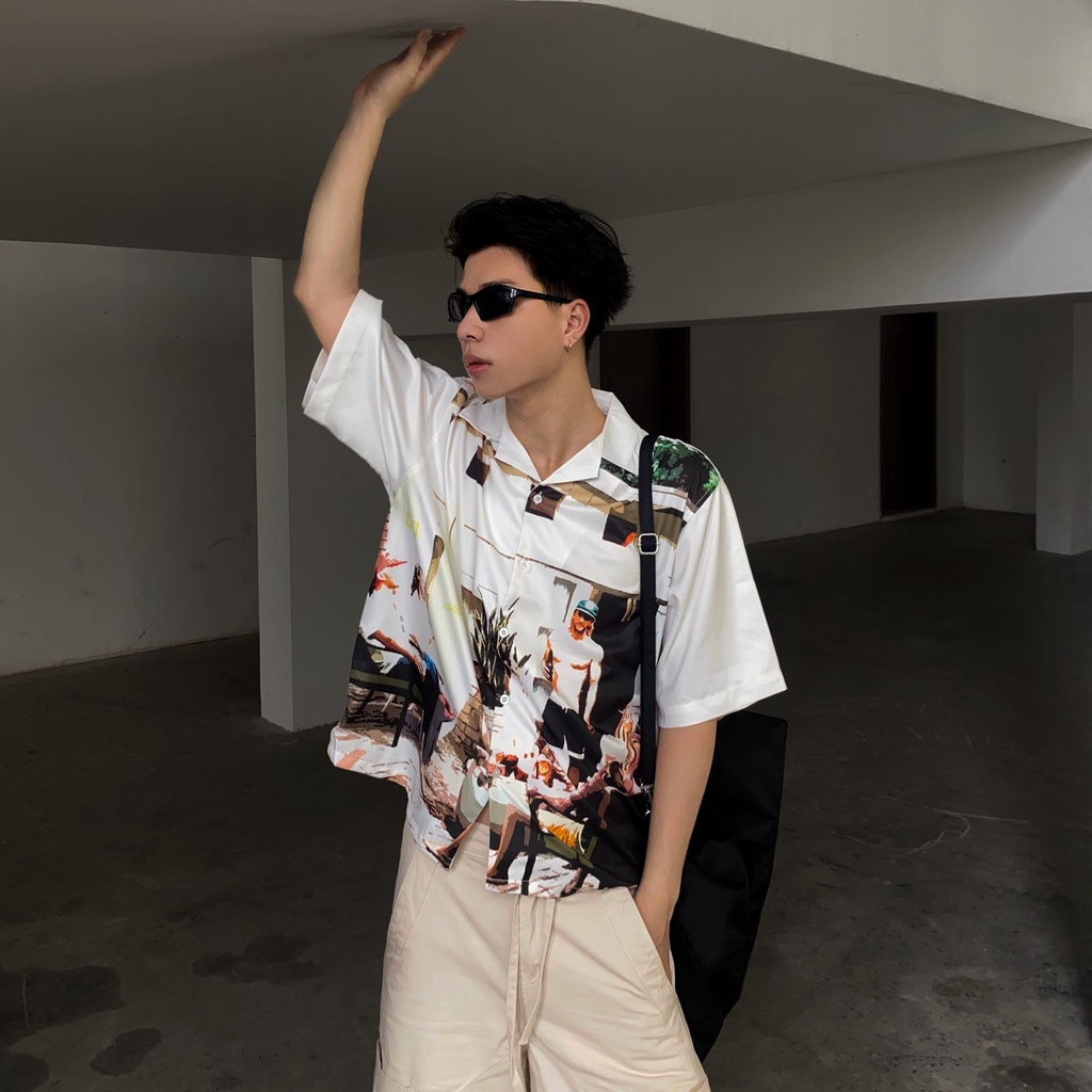 Áo sơ mi tay ngắn unisex họa tiết cuban shirt local brand HUGU - HOLIDAY - vải lụa, form regular, in chuyển nhiệt