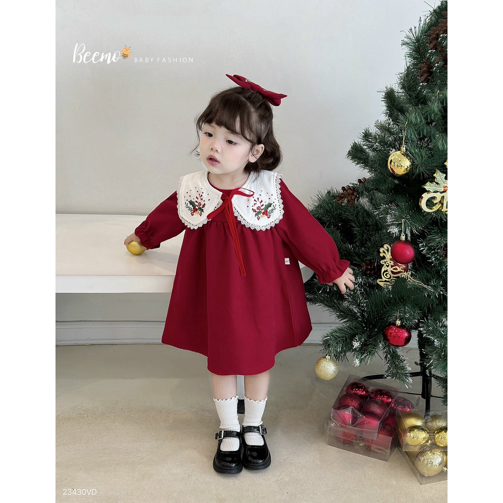Váy Beemo đỏ cổ trắng thêu noel kèm kẹp tóc nơ size 80 - 130