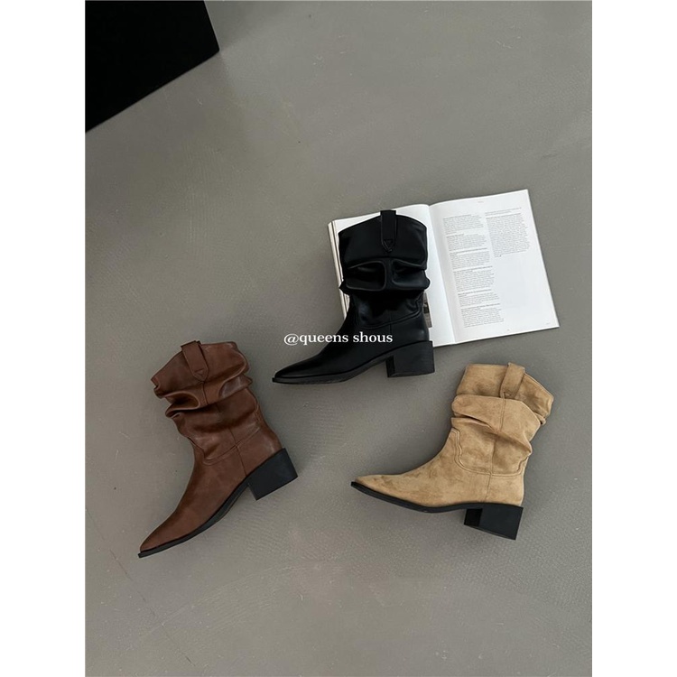 Giày Bốt Cao Bồi Da Lộn Mũi Vuông Gót Dày Xếp Ly Kiểu Cao Bồi Phương Tây Thời Trang Mùa Thu 2023 Cho Nữ