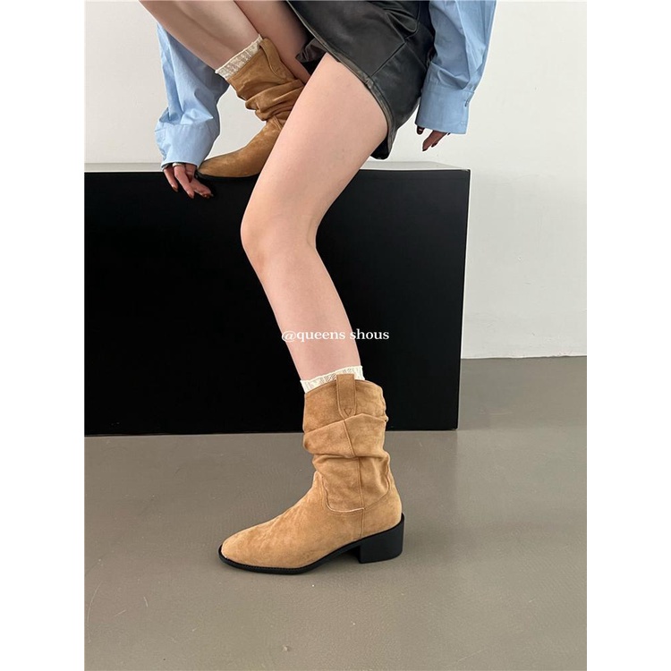 Giày Bốt Cao Bồi Da Lộn Mũi Vuông Gót Dày Xếp Ly Kiểu Cao Bồi Phương Tây Thời Trang Mùa Thu 2023 Cho Nữ