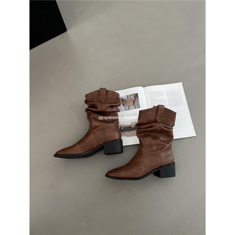 Giày Bốt Cao Bồi Da Lộn Mũi Vuông Gót Dày Xếp Ly Kiểu Cao Bồi Phương Tây Thời Trang Mùa Thu 2023 Cho Nữ