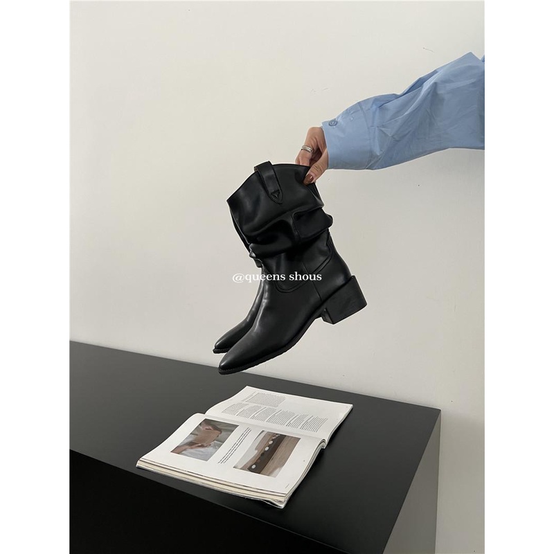 Giày Bốt Cao Bồi Da Lộn Mũi Vuông Gót Dày Xếp Ly Kiểu Cao Bồi Phương Tây Thời Trang Mùa Thu 2023 Cho Nữ