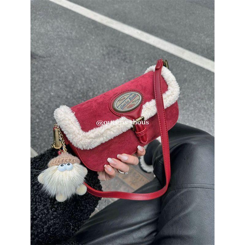 Túi Xách Đeo Vai Phủ Lông Cừu Cao Cấp Màu Đỏ Phong Cách Giáng Sinh Thời Trang Thu Đông