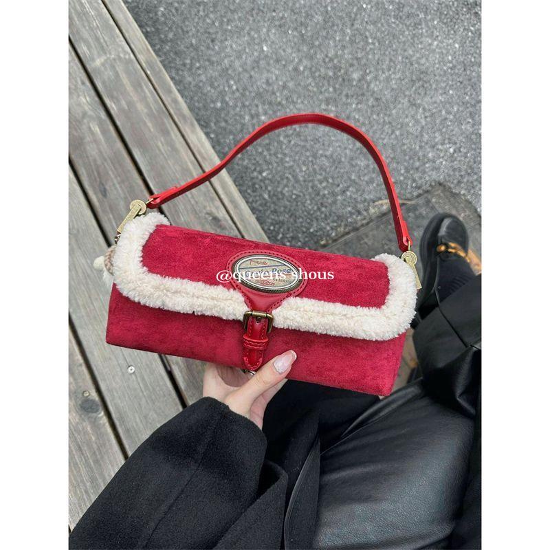 Túi Xách Đeo Vai Phủ Lông Cừu Cao Cấp Màu Đỏ Phong Cách Giáng Sinh Thời Trang Thu Đông