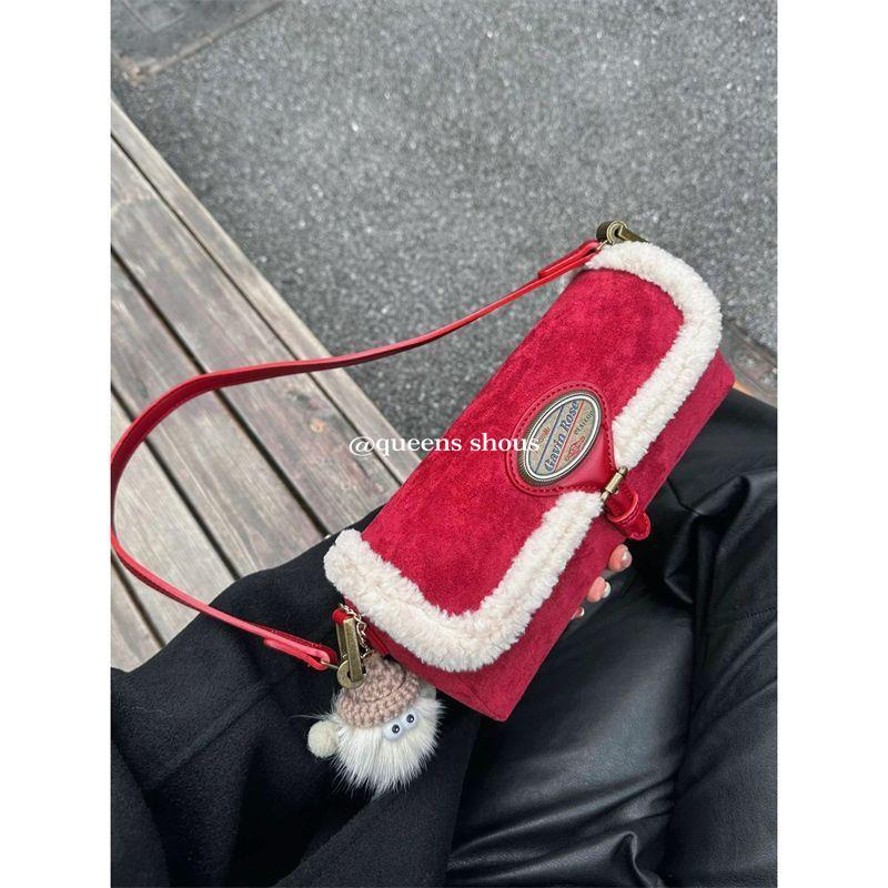 Túi Xách Đeo Vai Phủ Lông Cừu Cao Cấp Màu Đỏ Phong Cách Giáng Sinh Thời Trang Thu Đông