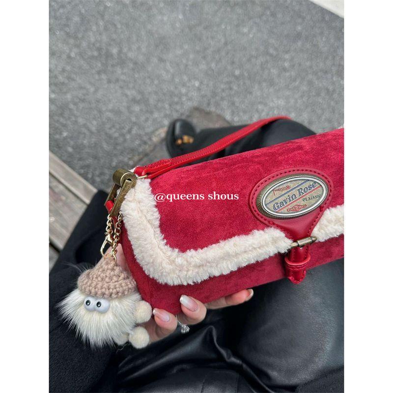 Túi Xách Đeo Vai Phủ Lông Cừu Cao Cấp Màu Đỏ Phong Cách Giáng Sinh Thời Trang Thu Đông