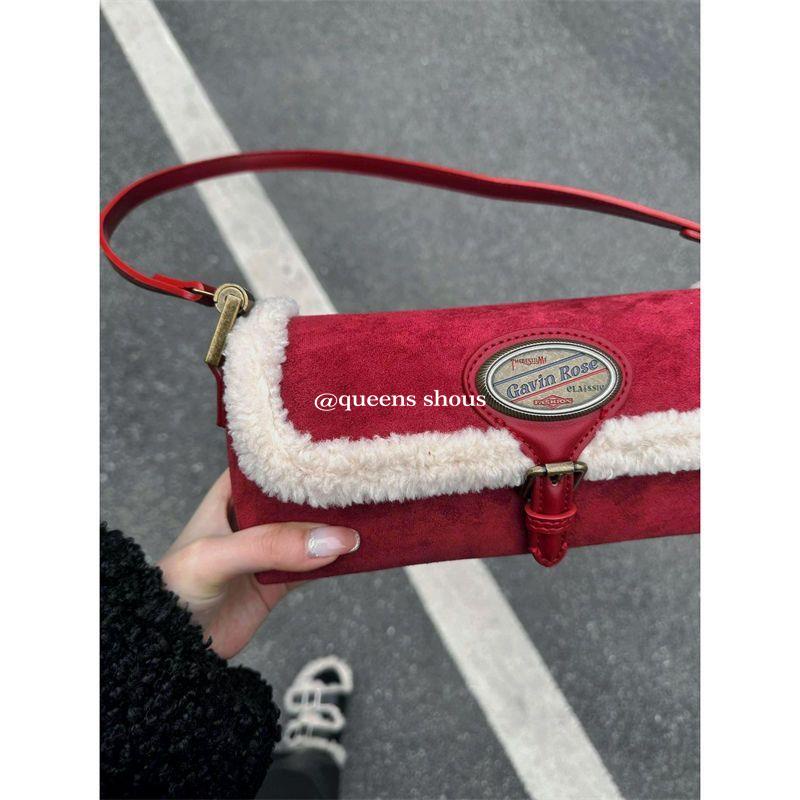 Túi Xách Đeo Vai Phủ Lông Cừu Cao Cấp Màu Đỏ Phong Cách Giáng Sinh Thời Trang Thu Đông
