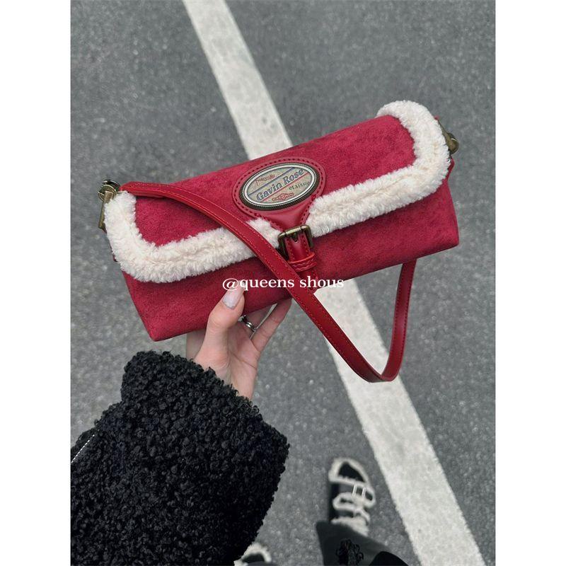 Túi Xách Đeo Vai Phủ Lông Cừu Cao Cấp Màu Đỏ Phong Cách Giáng Sinh Thời Trang Thu Đông