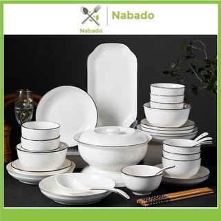 Bát đĩa bàn ăn sứ xương cao cấp viền đen chén dĩa trắng tinh khiết sang trọng