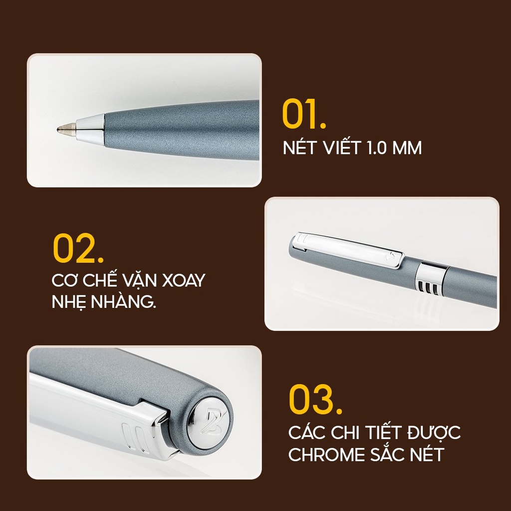 Bút bi cao cấp Thiên Long thân kim loại chrome, cơ chế vặn xoay thích hợp làm quà tặng Biz-07