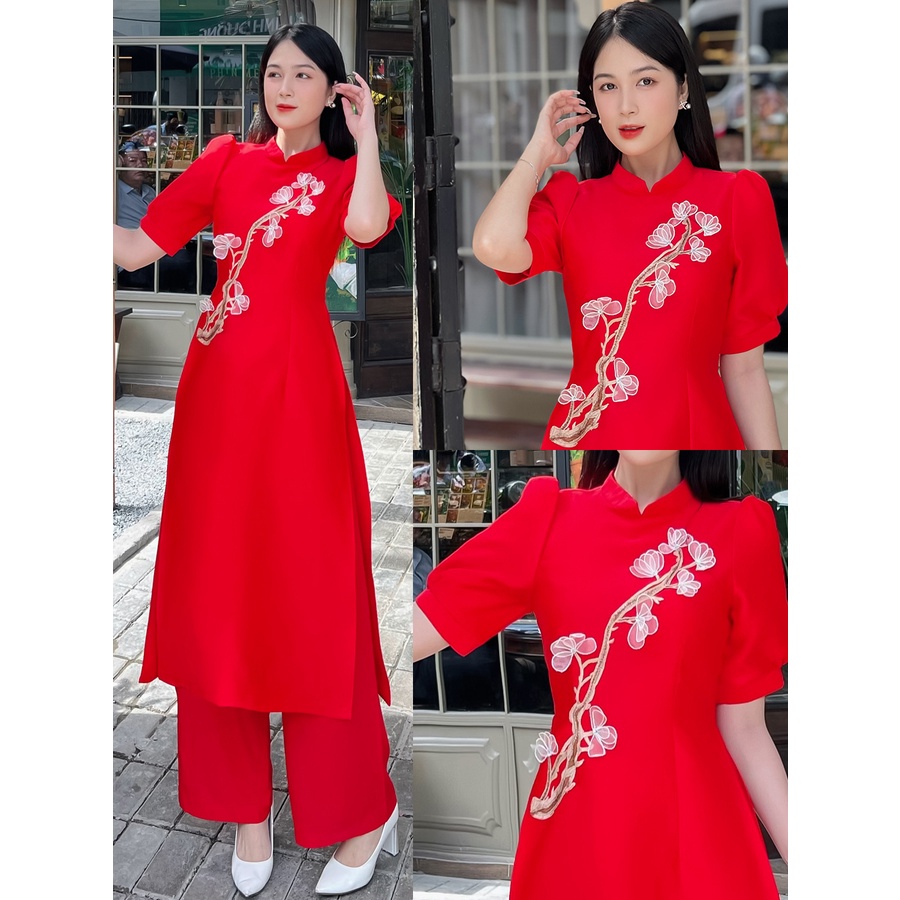 Áo dài cách tân gắn cây hoa 3D siêu dễ thương AD036 - Khánh Linh Style - Lady Fashion