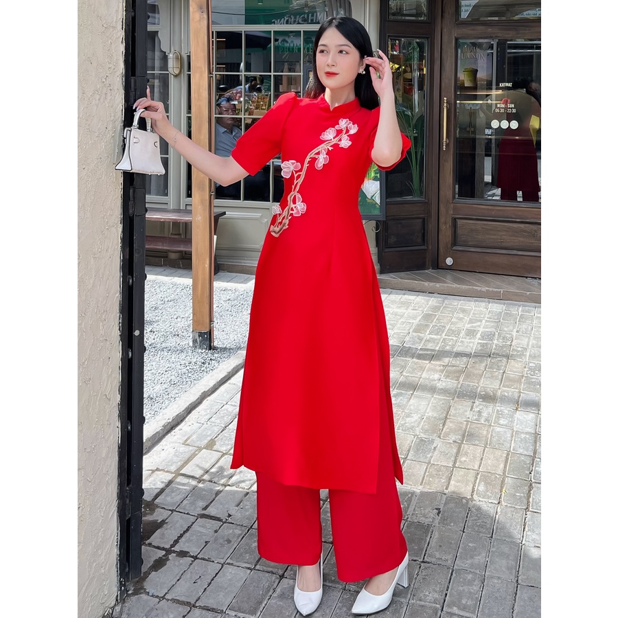 Áo dài cách tân gắn cây hoa 3D siêu dễ thương AD036 - Khánh Linh Style - Lady Fashion