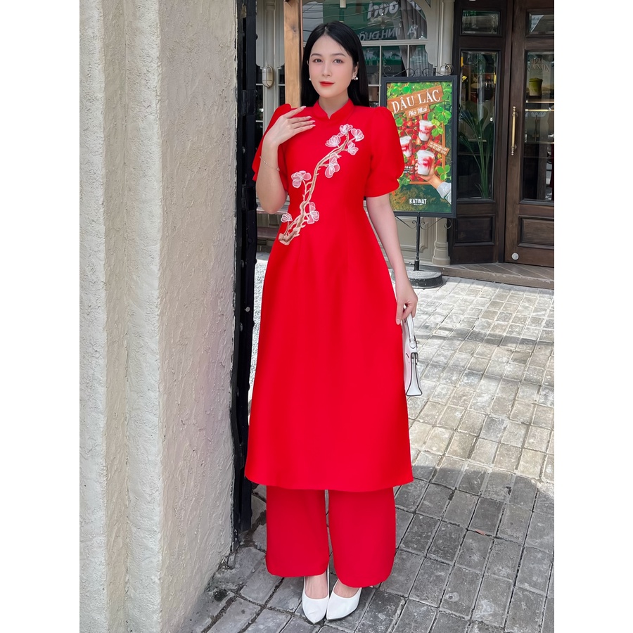Áo dài cách tân gắn cây hoa 3D siêu dễ thương AD036 - Khánh Linh Style - Lady Fashion