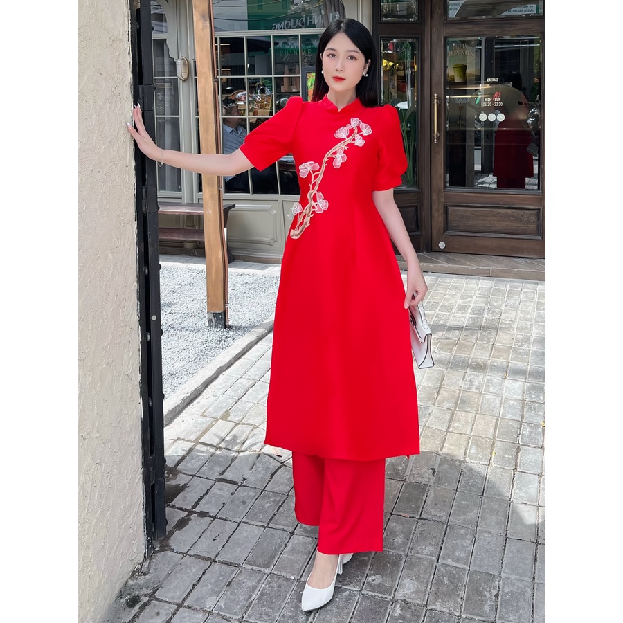 Áo dài cách tân gắn cây hoa 3D siêu dễ thương AD036 - Khánh Linh Style - Lady Fashion