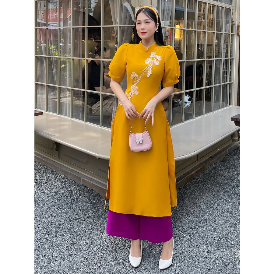 Áo dài cách tân gắn cây hoa 3D siêu dễ thương AD036 - Khánh Linh Style - Lady Fashion