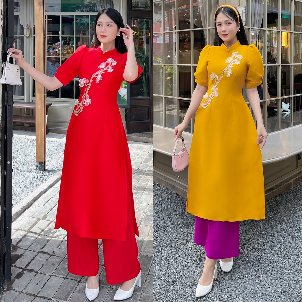 Áo dài cách tân gắn cây hoa 3D siêu dễ thương AD036 - Khánh Linh Style - Lady Fashion