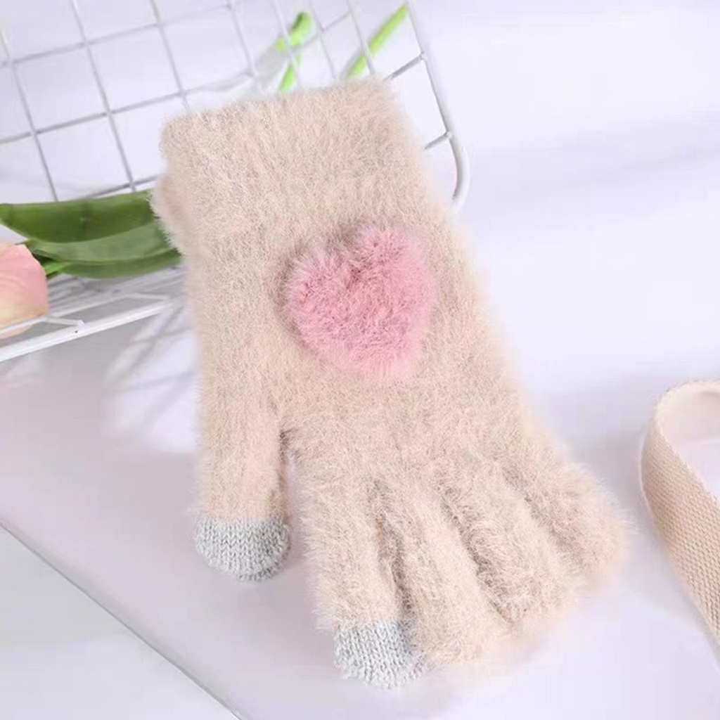 Găng Tay Năm Ngón Hình Trái Tim Dễ Thương Dày Dặn Giữ Ấm Mùa Đông Phong Cách Hàn Quốc Cho Nữ