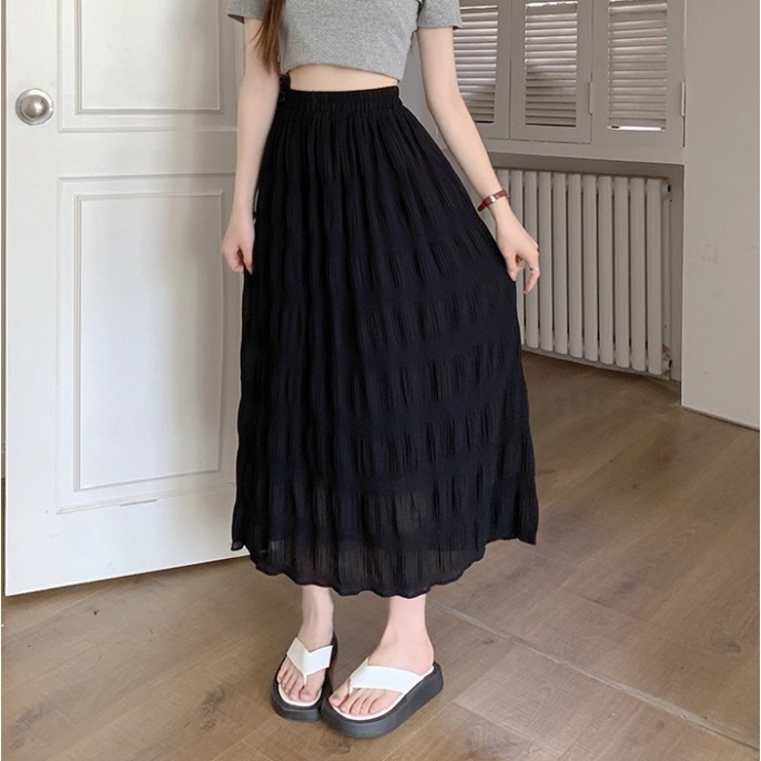 Chân váy nữ, Chân váy Midi dáng dài dập sóng nhẹ tiểu thư màu đen trắng hồng vàng size S M L SKUCV-50A 1990clother