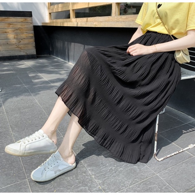 Chân váy nữ, Chân váy Midi dáng dài dập sóng nhẹ tiểu thư màu đen trắng hồng vàng size S M L SKUCV-50A 1990clother