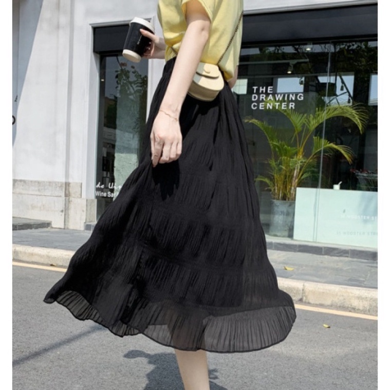 Chân váy nữ, Chân váy Midi dáng dài dập sóng nhẹ tiểu thư màu đen trắng hồng vàng size S M L SKUCV-50A 1990clother