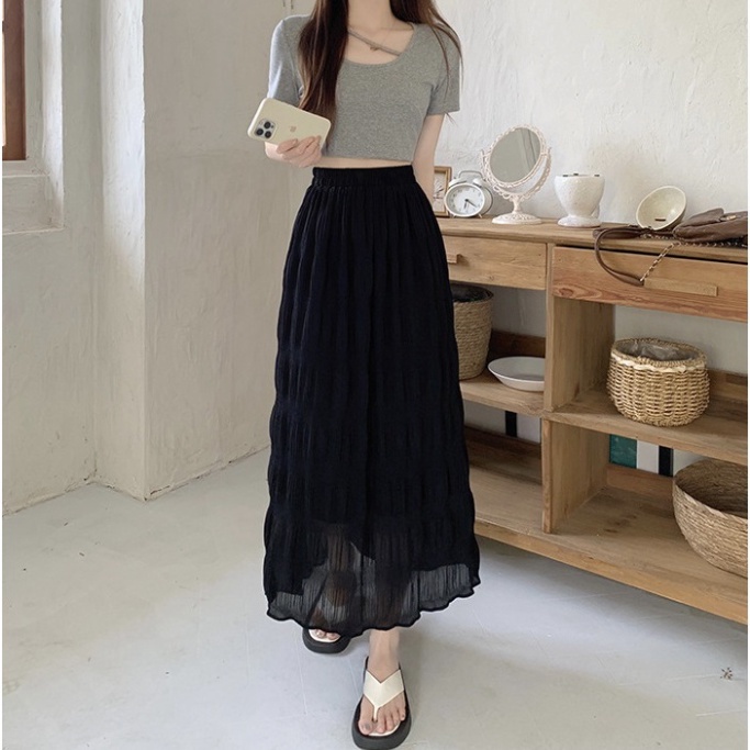 Chân váy nữ, Chân váy Midi dáng dài dập sóng nhẹ tiểu thư màu đen trắng hồng vàng size S M L SKUCV-50A 1990clother