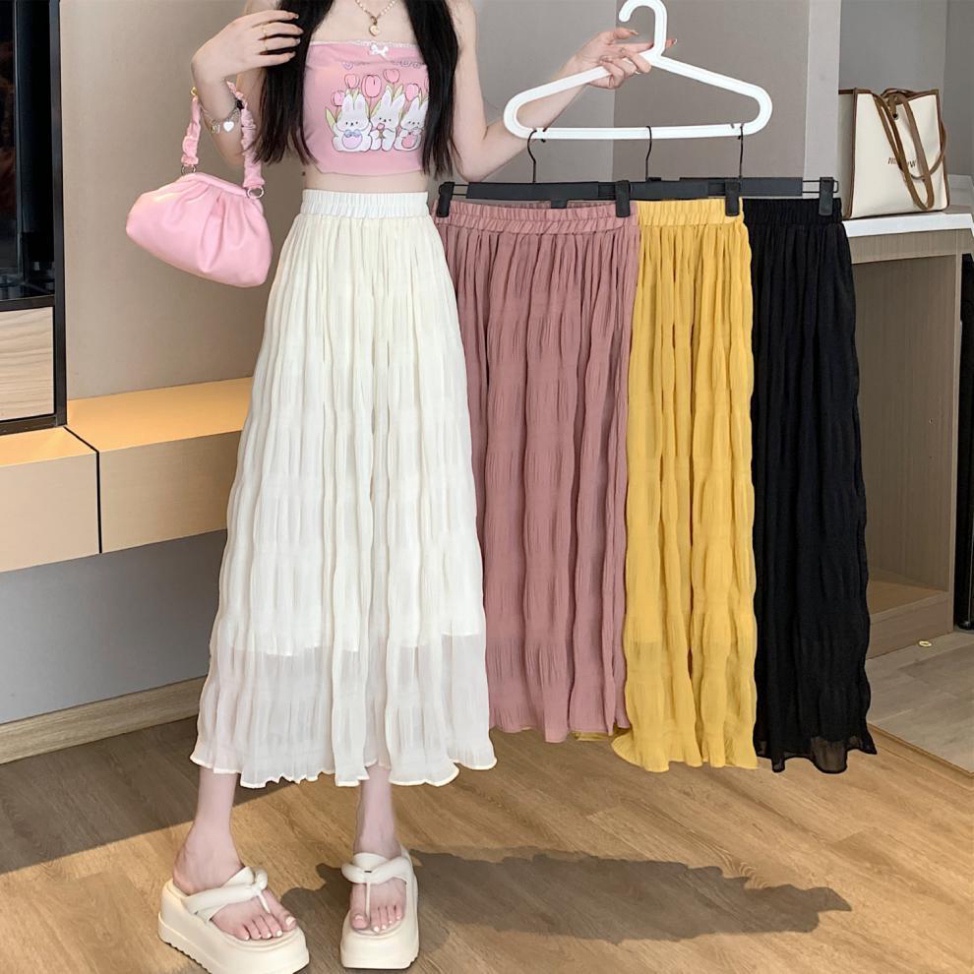 Chân váy nữ, Chân váy Midi dáng dài dập sóng nhẹ tiểu thư màu đen trắng hồng vàng size S M L SKUCV-50A 1990clother
