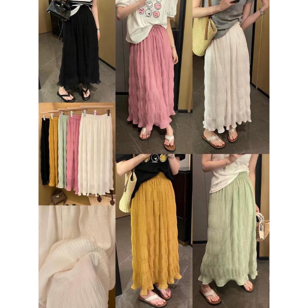 Chân váy nữ, Chân váy Midi dáng dài dập sóng nhẹ tiểu thư màu đen trắng hồng vàng size S M L SKUCV-50A 1990clother