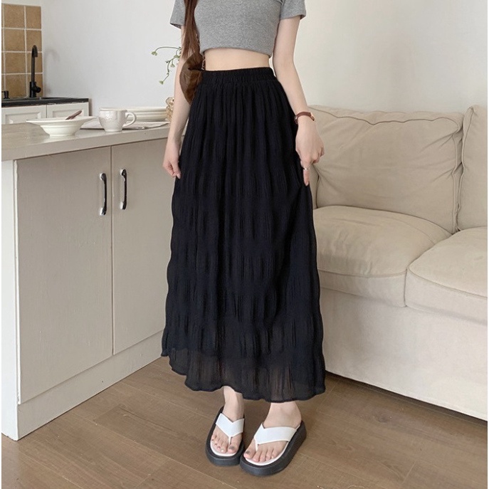 Chân váy nữ, Chân váy Midi dáng dài dập sóng nhẹ tiểu thư màu đen trắng hồng vàng size S M L SKUCV-50A 1990clother