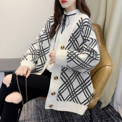 Áo Cardigan Họa Tiết Đơn Giản, Áo khoác len Cardigan dáng rộng hoạ tiết kẻ đen trắng thời trang thu đông cho nữ