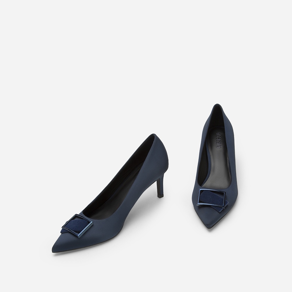 Vascara Giày Bít Mũi Nhọn Satin Đính Khóa Vuông Phối Nhung - BMN 0532