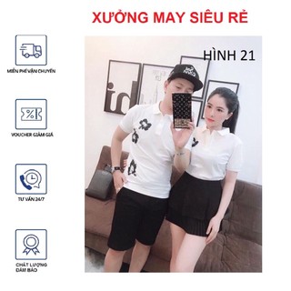 [S03] Áo thun cặp cổ trụ phối họa tiết hoa hàng chuẩn shop - AT017