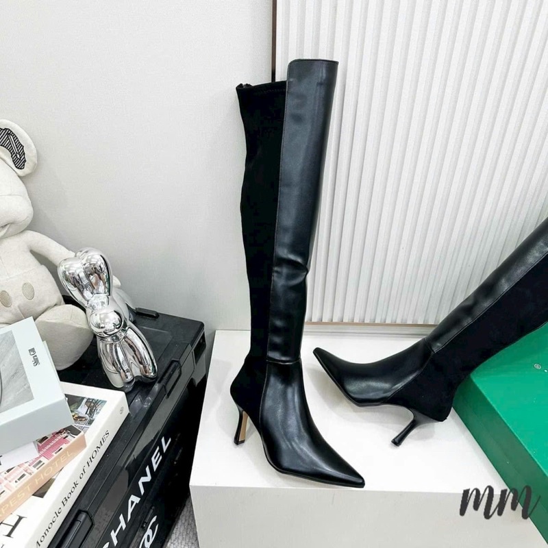 Boot đùi gót nhọn vạt cao pha da lộn ôm chân