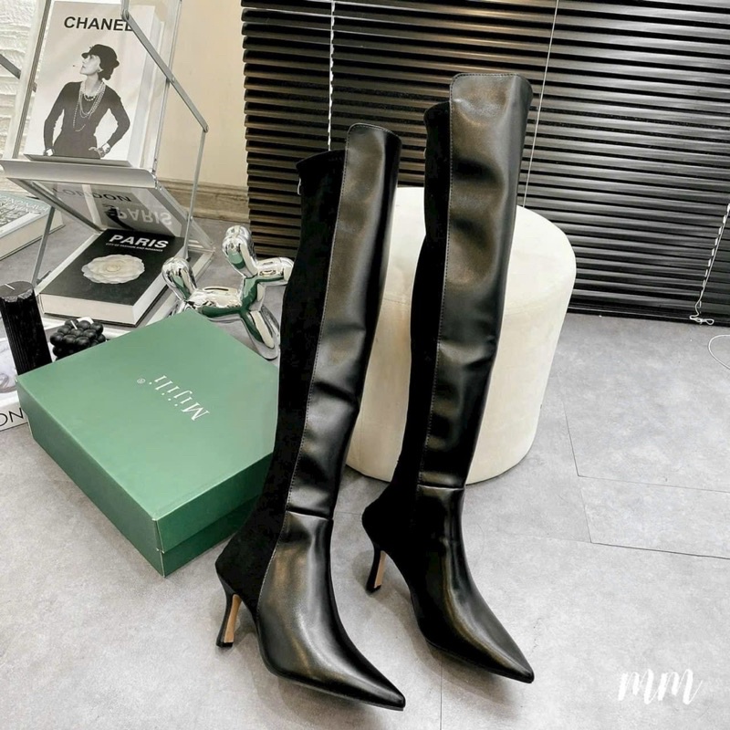 Boot đùi gót nhọn vạt cao pha da lộn ôm chân