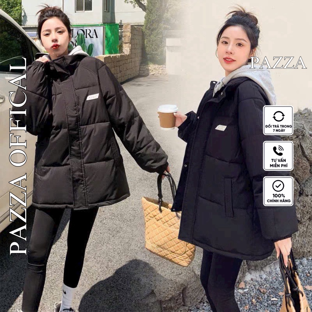 Áo phao nữ logo dáng rộng hottrend bassic, Áo khoác phao nữ Quảng Châu màu Đen, Trắng - PAZZA SHOP
