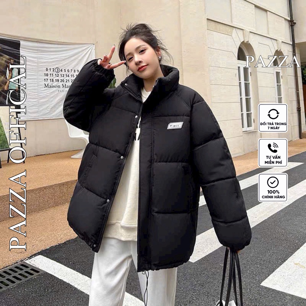 Áo phao nữ logo dáng rộng hottrend bassic, Áo khoác phao nữ Quảng Châu màu Đen, Trắng - PAZZA SHOP