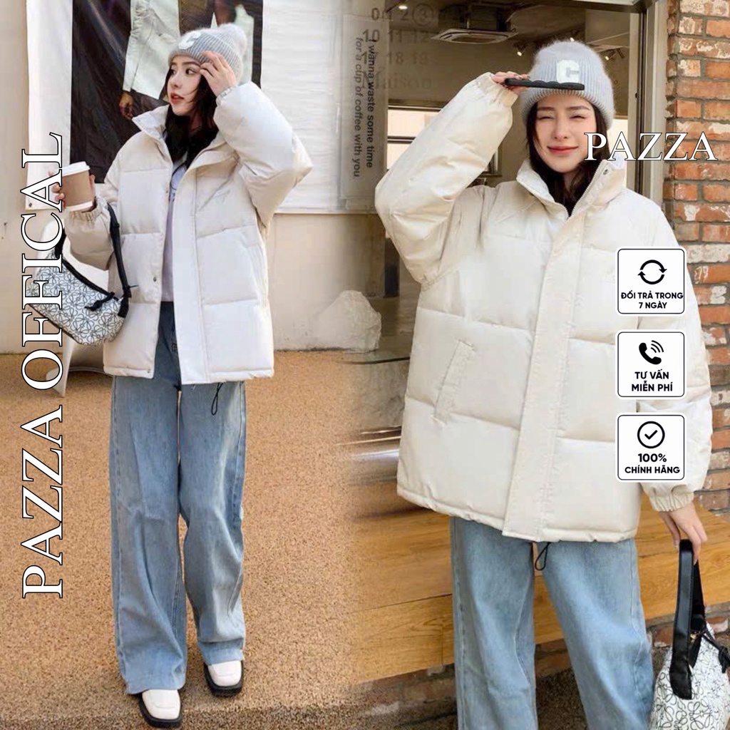 Áo phao nữ logo dáng rộng hottrend bassic, Áo khoác phao nữ Quảng Châu màu Đen, Trắng - PAZZA SHOP