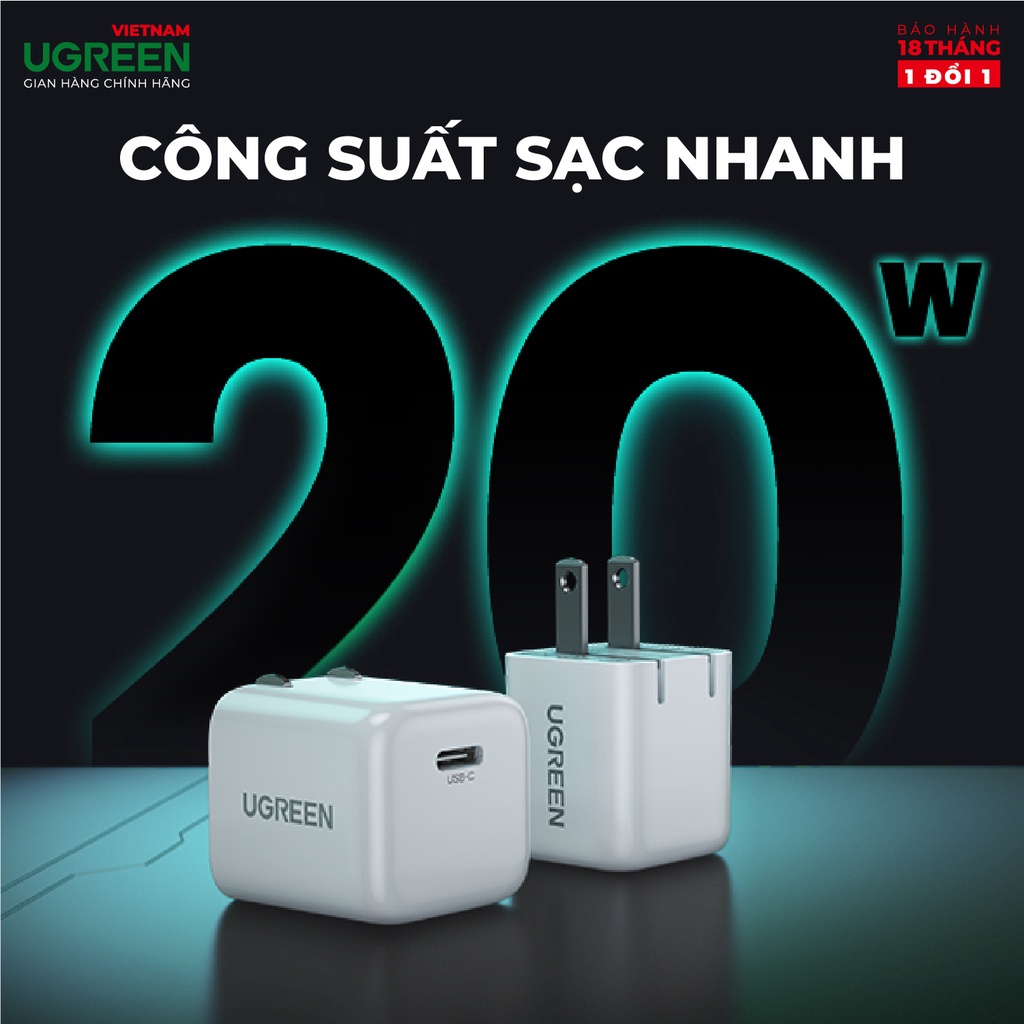 Củ sạc nhanh mini UGREEN 20W CD249 Cổng USB Type-C| Chân cắm US gập gọn| Bảo hành 18 tháng 1 đổi 1 70572 30313 80947