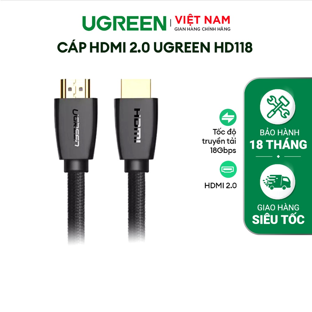 Cáp HDMI 2.0 Ugreen HD118 Tốc độ truyền tải dữ liệu 18Gbps | Độ phân giải 3D 4K*2K 4096x2160p/30Hz | Bảo Hành 18th