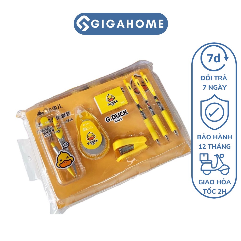 Bộ Dụng Cụ Học Tập 7 Món Kèm Túi Đựng Hình Con Vịt Vàng Đáng Yêu Cho Bé GIGAHOME 11292