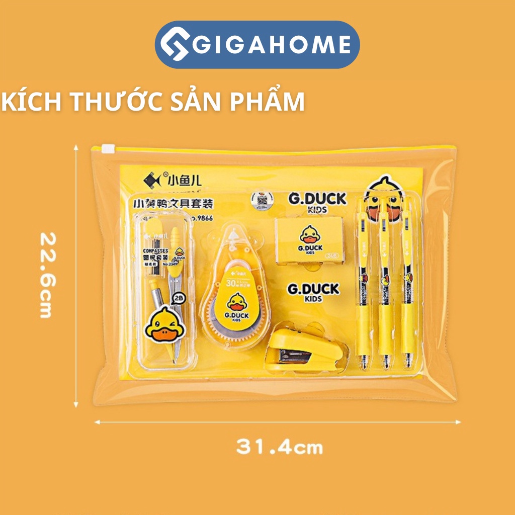 Bộ Dụng Cụ Học Tập 7 Món Kèm Túi Đựng Hình Con Vịt Vàng Đáng Yêu Cho Bé GIGAHOME 11292