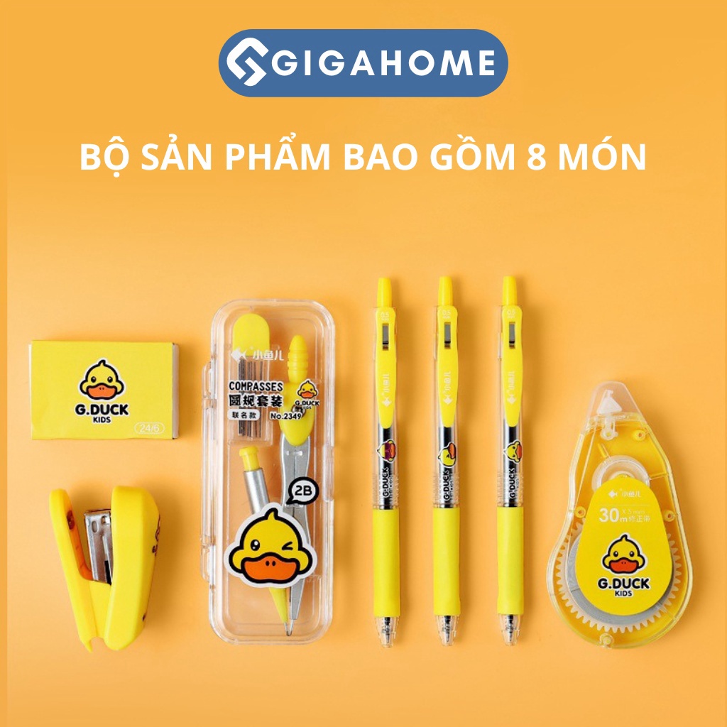 Bộ Dụng Cụ Học Tập 7 Món Kèm Túi Đựng Hình Con Vịt Vàng Đáng Yêu Cho Bé GIGAHOME 11292