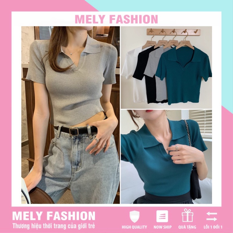 Áo croptop Polo len tăm nữ cổ bẻ V dáng ôm tay ngắn hàng dệt kim montergy Quảng Châu nhiều màu AL12 - Hàng mới về