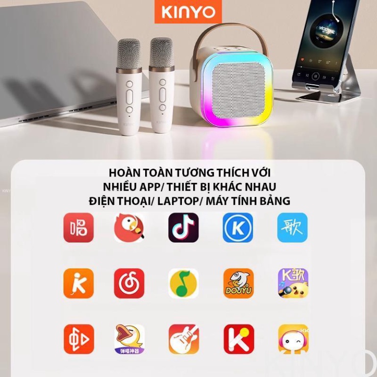 Loa bluetooth karaoke Kinyo K12 kèm 2 mic nhỏ gọn dễ thương,loa karaoke không dây âm thanh bass hay cùng đèn led có BH