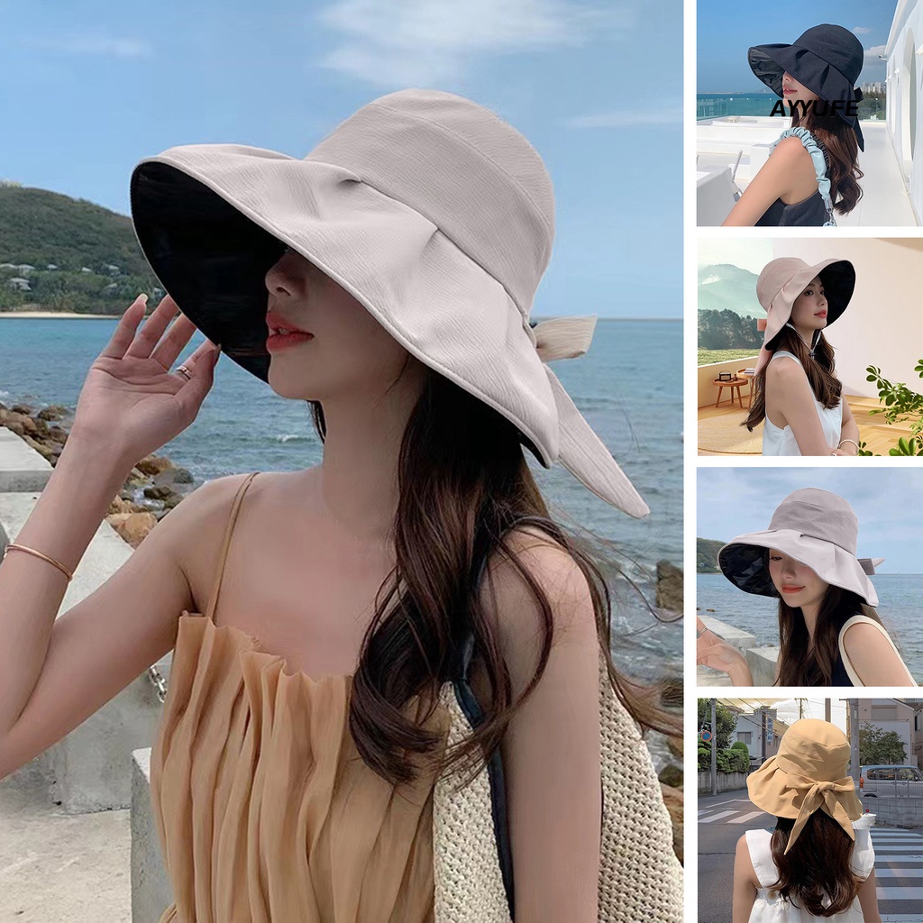 Nón Tai Bèo Rộng Vành Phối Nơ Màu Trơn Thời Trang Cho Nữ