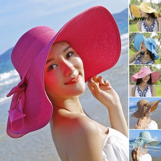 Mũ Cói Rộng Vành Mềm Mại Thấm Hút Mồ Hôi Chống Tia uv Màu Trơn Đính Nơ Ruy Băng Gấp Lại Được Dành Cho Đi Biển
